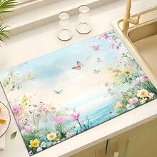 1件裝蝴蝶花卉印花吸水餐盤瀝水墊，咖啡機檯面吸水墊，水槽排水墊，柔軟水龍頭吸水墊，水槽杯墊，廚房用品，浴室用品 - 彩色 - 查看 5