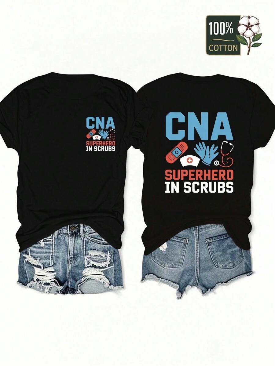 100% CottonCamiseta de manga corta suave para mujer con temática de superhéroe CNA (Asistente de Enfermería) - 100% algodón, diseño con logotipo y uniforme de CNA, estampado de estetoscopio - Negro - Ver 1