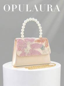 OpulAura 亮片刺繡花卉手提包，女款時尚亮片拼接手拿包，仿珍珠手柄設計，派對晚宴包，隨機剪裁，適合女性，適用於派對、婚禮、舞會、度假，完美搭配派對、婚禮、舞會晚宴/宴會，可搭配度假派對洋裝、晚禮服和亮片洋裝 - 粉色 - 查看 2