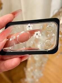 奢華可愛 3D 花朵水鑽相機鏡頭保護貼，適用於 iPhone 18 Pro Max、18 Pro、17 Pro Max、17 Pro，透明防震防刮相機保護貼 - 白色花小鑽 - 查看 2