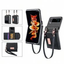 VIETAO 腕帶吊飾錢包卡槽人造皮革手機殼，適用於 Galaxy Z Flip 3 4 5 6 7 8，時尚保護手機殼 Flip3 Flip4 Flip5 Flip6 Flip8 - 黑色 - 查看 1