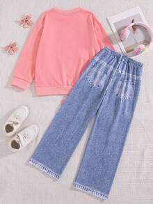 Girls' Casual Fashion Solid Color Bow Tie Design Round Neck Drop Shoulder Long Sleeve Top And Straight Leg Pants 2-Piece Set, Spring/Autumn - Pink - View 2