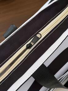 Bolso de lona de gran capacidad para mujer, bolso de hombro a rayas para ir al trabajo y hacer compras - Negro - Ver 5