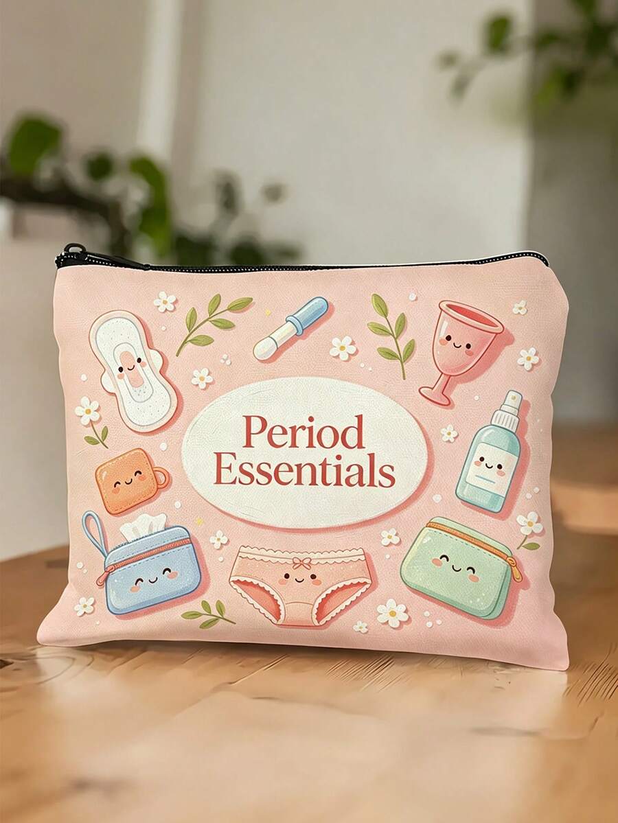 Essential Period Storage Bag, Cute Cartoon Sanitary Napkin Pattern Makeup Bag, Travel Toiletry Bag, Multi-Functional Storage Pouch, Women's Period Care Gift - Multicolor - View 1