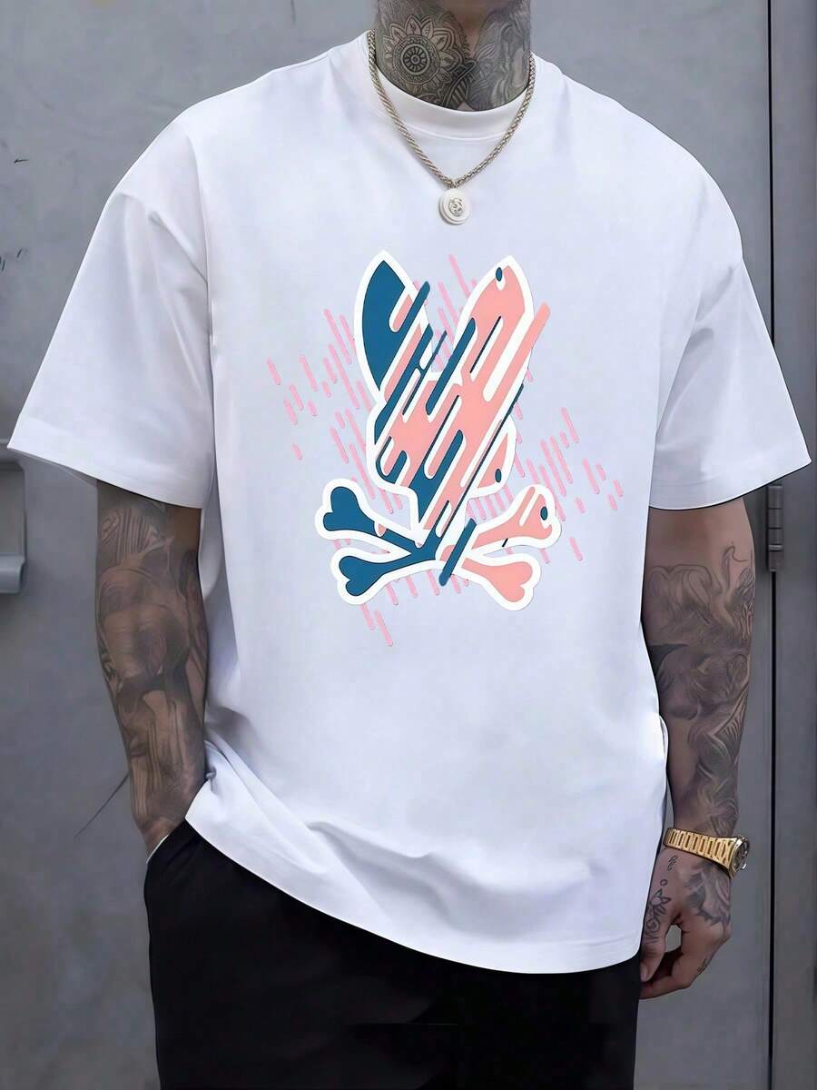 Abstract Graphic Of A Skull And Intertwined Bones With Vibrant Pastel Lines, A Symbol Of Mortality And Rebellion, Men's Casual Cotton T-Shirt - 白色 - 查看 1