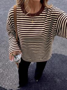 女款棕色時尚撞色條紋寬鬆長袖T恤，適合外出與街頭休閒風格 - 杏色 - 查看 1