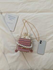 Mini bolso de mano de moda con cordón ajustable, caja tejida con relieve, acrílico y perlas - Rosa - Ver 10