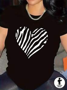 Camiseta de algodón puro con estampado de cebra y diseño de corazones, una prenda cómoda y elegante adecuada para cenas informales o uso en el salón, un regalo ideal para amantes de la moda. - Negro - Ver 1