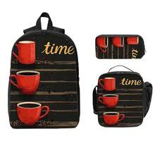 A Set Of Three Backpacks Decorated With Three Red Coffee Cups, On Which The Word "Time" Is Written Against A Dark Background. This Charming And Lightweight Travel Backpack Features Adjustable Straps. - 17吋三件套 - 查看 1