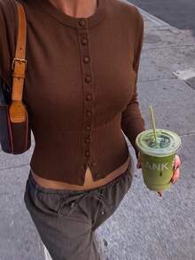 Women's Brown Short Knit Cardigan Sweater, Long Sleeve Button-Up Pullover, Suitable For Autumn Daily Wear - Brown - View 3