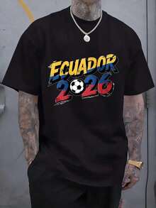 With A Modern Print And Round Neck, Unisex For Men And Women, Sportswear For Fans, White T-Shirt With National Colors And Ball Design, Ideal For Party Gifts - 黑色 - 查看 4