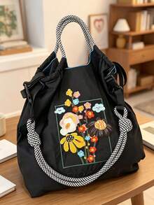 新款刺繡花卉圖案框架尼龍可折疊購物袋，大容量托特手提包，適合日常通勤與購物，女款單肩包 - 彩色 - 查看 3