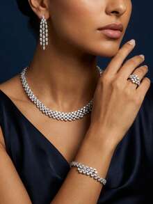 BIIDETALK Juego de joyería de 4 piezas con gota de agua y circonita cúbica, pendientes con borlas, collar gargantilla con strass completo, pulsera, anillo, accesorios a juego plateados brillantes para novia, boda, fiesta de noche - Blanco - Ver 5