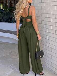 Women Spaghetti Strap Midriff Cutout Jumpsuit High Waist Gathered Harem Pant Romper Elastic Ankle Cuff Relaxed Fit Casual Daily Street Party Outfit - Army Green - View 3