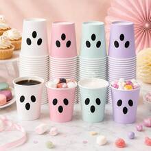 10/20/80pcs Macaron Light Color Ghost Face Disposable Paper Cups, Cute Ghost Print Halloween Party Drinking Cups, 9oz Cartoon Theme Party Cups, Suitable For Birthday Parties, Baby Showers, Afternoon Tea And Holiday Dessert Gatherings - Multicolor - View 1