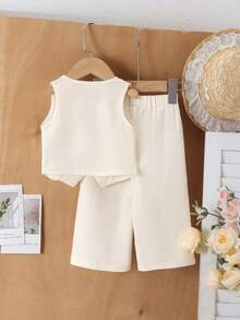 2pcs Baby Girls Elegant Floral Decor Sleeveless Top And Matching Straight Pants Set, Suitable For Party And Birthday Occasions, Summer - Apricot - View 2