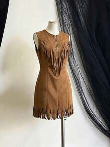 Mother's Day Gift 2026 Summer Western Style Vintage V-Neck Knitted Fabric Tassel Faux Suede Dress Slim Fit Suitable For Bohemian Style Mini Midi Dress - 米白色 - 查看 10
