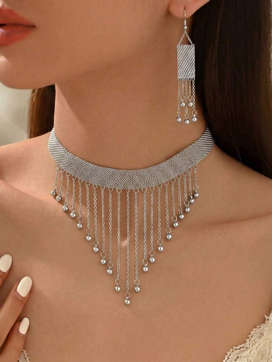 3件組時尚中東風流蘇多層吊墜圍脖項鍊 + 流蘇耳環女款珠寶套裝，適合日常百搭、節日禮物、休閒度假穿搭 - 銀色 - 查看 1
