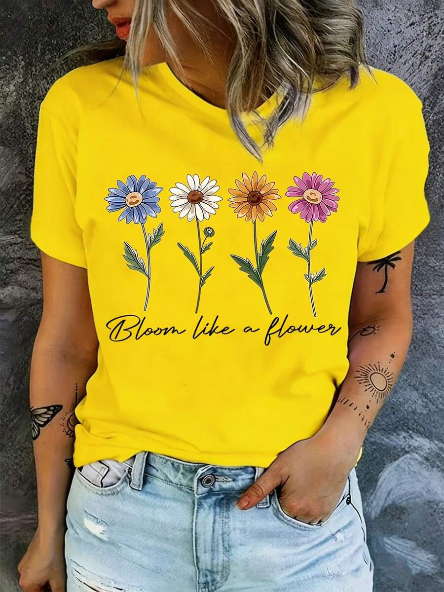 Plus Size Women's Short Sleeve Top - Floral Print And "Bloom Like A Flower" Lettering, Round Neck, Vibrant Design, Machine Washable, Festive And Versatile Everyday Wear - Yellow - View 1