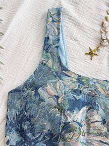 Conjunto de 2 piezas de estilo vintage azul palacio con estampado floral jacquard para mujer: top corto con cuello halter abotonado y minifald - Rojo - Ver 5