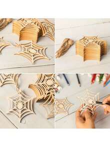 20 piezas de decoraciones de madera sin pintar con forma de telaraña, juego de manualidades de madera en blanco DIY, adecuado para pintar y garabatear, con cuerda para colgar, decoración colgante para Halloween, hogar, jardín y fiesta - Ver 6