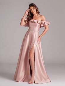 VIPGIRL Vestido de noche de satén con hombros descubiertos, volantes y abertura alta para mujer - Oro rosa - Ver 1