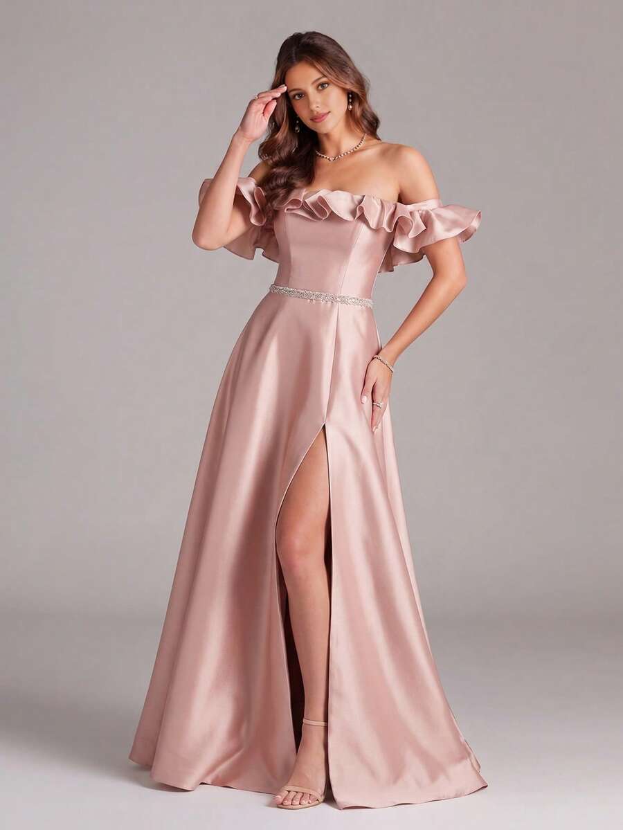 VIPGIRL Vestido de noche de satén con hombros descubiertos, volantes y abertura alta para mujer - Oro rosa - Ver 1