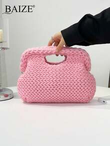 ENBEI Delicado Bolso de Mano Vintage Tejido Tipo Nube - Bolsa de Cosméticos, Bolso de Mano Plisado en Forma de V, Bolso de Playa para Mujer, Bolso de Concha de Moda, Minimalista Multifuncion - Rosa - Ver 2