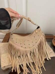 1 buah Tas Selempang Minimalis Unik Warna Polos, Bahan Suede Khaki Halus, Resleting Halus, Hiasan Rivet dan Rumbai, Cocok untuk Wanita - Khaki - View 12