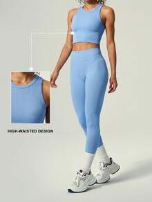 UONNOU Women's Ribbed Seamless I-Shaped Racerback Crop Tank Top, Round Neck Slim Fit Low Impact Yoga Workout Sports Vest - Blue - View 10