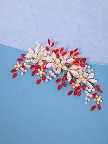 1件優雅手工珍珠花朵髮梳，鮮紅水晶飾品，適用於新娘婚禮、派對、生日、公主髮飾 - 紅色 - 查看 6