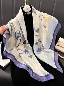 90*90cm Floral Print Bandana Scarf For Women, Spring Lightweight Shawl Headscarf, Fashionable Satin Scarf, Suitable For Daily Wear, Beach, Holiday, Travel Essential - Blue - View 8