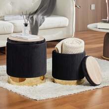 Storage Set Of 2 Upholstered Velvet Vanity Stool Nesting Ottomans Multifunctional Foot Rest Container With Gold Metal Base For Living Room Black - Black With Bottom Gold - View 1