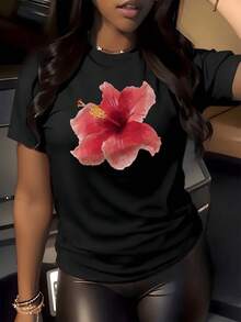 1 Piece Of Red Hibiscus Flower Graphic Print T-Shirt, 180g, For Summer, Vacation, Tropical Style, Round Neck, 100% Cotton, For Women. - 黑色 - 查看 1