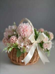 1pc Woven Rattan Wedding Flower Basket, Modern Bow Decor Flower Girl Basket, Suitable For Wedding And Christmas - Apricot - View 3