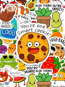 50Pcs Cute Food Pun Quote Waterproof Vinyl Stickers, Cartoon Fruit Snack Veggie Baking Character With Funny Wordplay Decals For Water Bottle Journal Laptop Scrapbook Decor - Multicolor - View 1