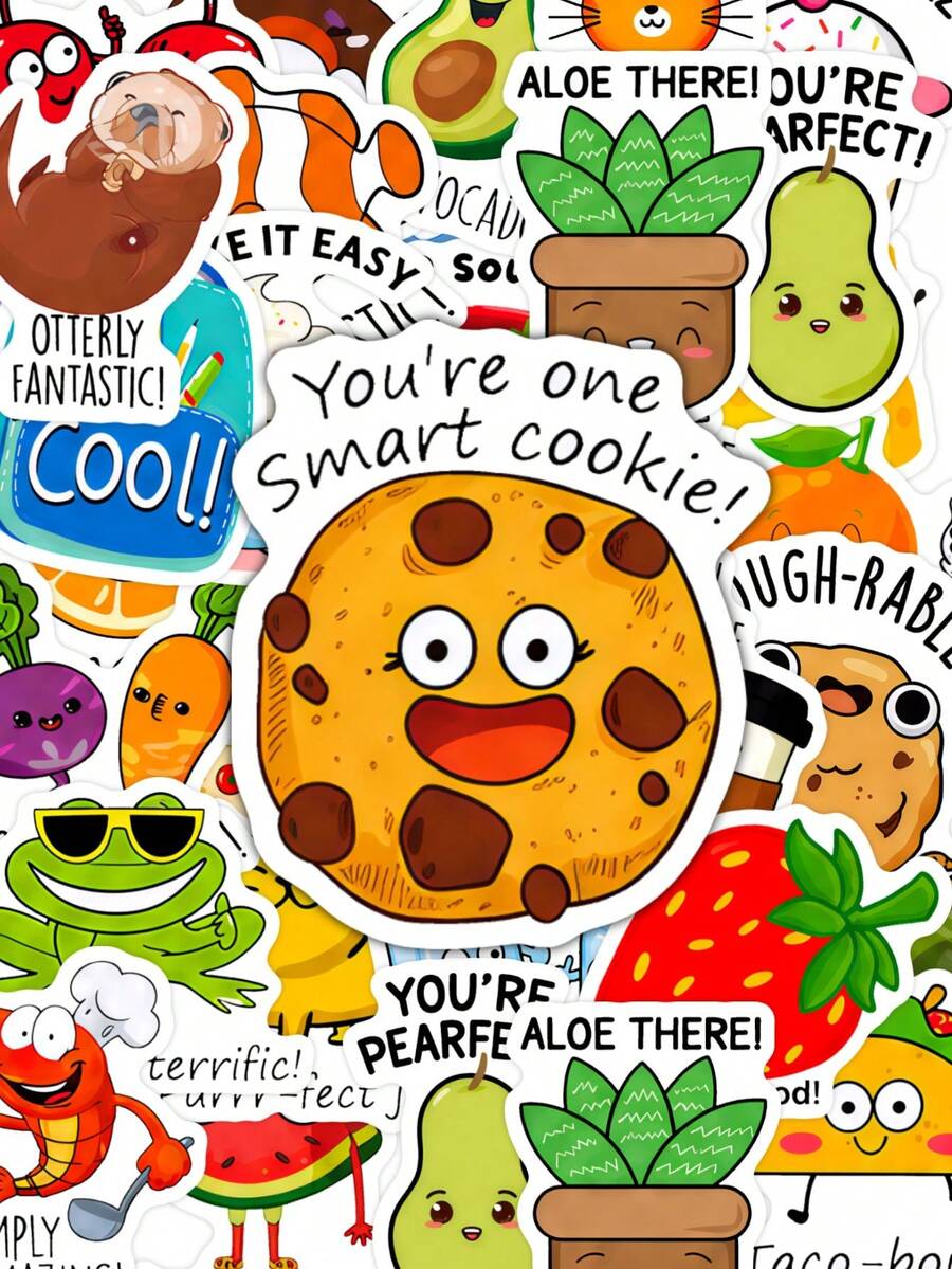 50Pcs Cute Food Pun Quote Waterproof Vinyl Stickers, Cartoon Fruit Snack Veggie Baking Character With Funny Wordplay Decals For Water Bottle Journal Laptop Scrapbook Decor - Multicolor - View 1