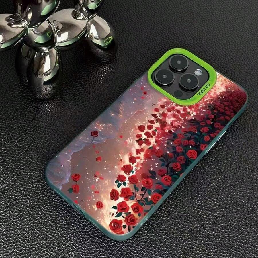 Nueva Funda de Rosa Roja Adecuada para Apple 16 Pro Max, 15 Pro y 14 Pro - Carcasa plateada - Verde - Nuevo estilo con diseño de rosa roja - Ver 1