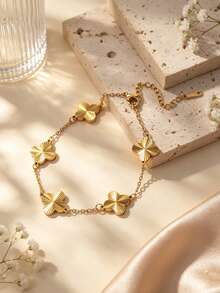 Juego de 3 piezas de joyería de acero inoxidable de estilo elegante para mujer con trébol de vidrio en forma de lágrima incrustado, adecuado para uso formal, ir al trabajo, regalos de cumpleaños y aniversario para esposa/madre - Amarillo Oro - Ver 8