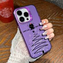 Christmas Tree Cat Phone Case For Apple 15Pro,  16Pro Max, Cute 14Pro, Christmas 13 - 彩銀殼-黑色-聖誕貓 - 查看 10