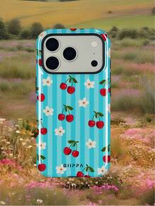 GIIPPA 1pc Teal Striped Background With Cherry And Floral Pattern Design, Phone 17 Pro Max Phone Case, Compatible With Phone 16 Pro Max, 15 Pro Max, 14 Pro Max, Korean-Style High-End Fashion Fun Phone Case, Compatible With 11/12/13/14/15/131 Pro Max Plus, Elegant Design Suitable For Men And Women, Perfect Gift For Girlfriend On Christmas, Valentine's Day, Easter, Wedding Season And Birthday! - Cadet Blue - View 5