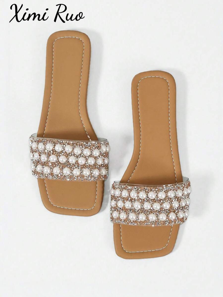 Ximi Ruo New Spring/Summer Fashion Casual Strap Slide Sandals, Comfortable Flat Heel Round Toe Slip-On Beach Slippers, Versatile Decorative Flat Sandals For Summer - Apricot - View 1