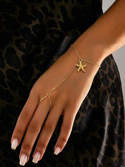 1pc Gold Stainless Steel 18K Gold Plated Starfish Pendant Finger Bracelet For Women, Fashion Sexy, Suitable For Daily Wear And Beach Vacation