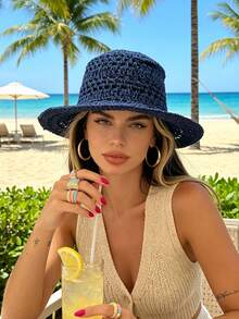 OBOVAY 1pc Women's Solid Color Hollow Out Handmade Straw Hat, Summer Vacation Beach Sun Protection Straw Hat, Suitable For Daily Wear, Vacation, Beach, Bohemian Photography - Multicolor - View 2