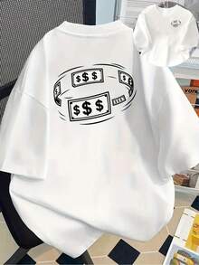Camiseta casual de mujer con estampado de billetes de dólar y flujo de dinero, impresión en la parte delantera y trasera, esencial para el verano, cuello redondo, ropa de mujer, ajuste cómod - Blanco - Ver 1
