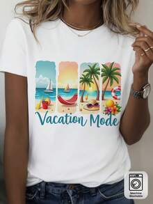 Camiseta Blanca de Verano para Mujer, Talla, Tejido Suave y Transpirable, Estampado Tropical Brillante, Corte Holgado, Manga Corta y Cuello Red - Blanco - Ver 1