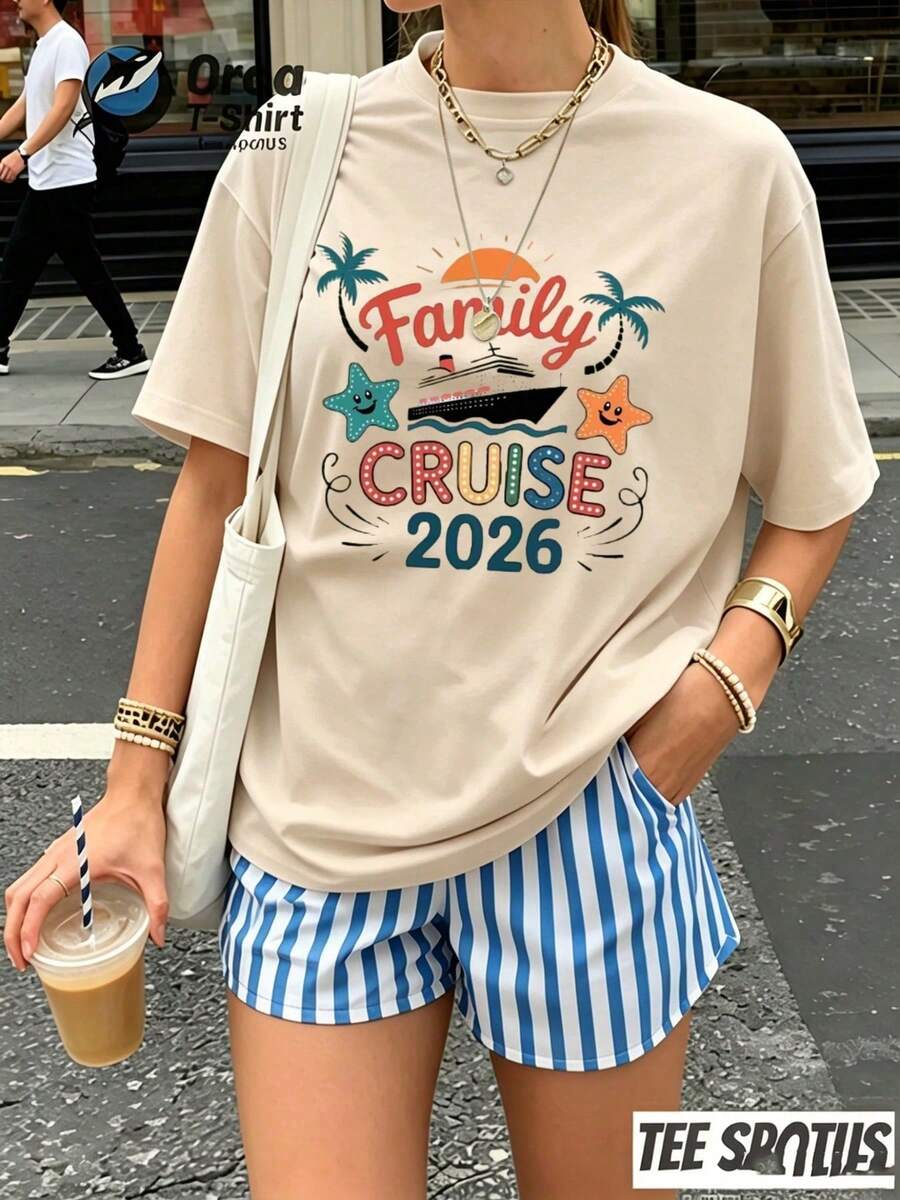 Women's Y2K Casual Summer T-Shirt 2026, New Women's Pure Cotton Crew Neck Short Sleeve T-Shirt With "Family Cruise 2026" Print And Text, Fashion Brand Top, Ad - 杏色 - 查看 1