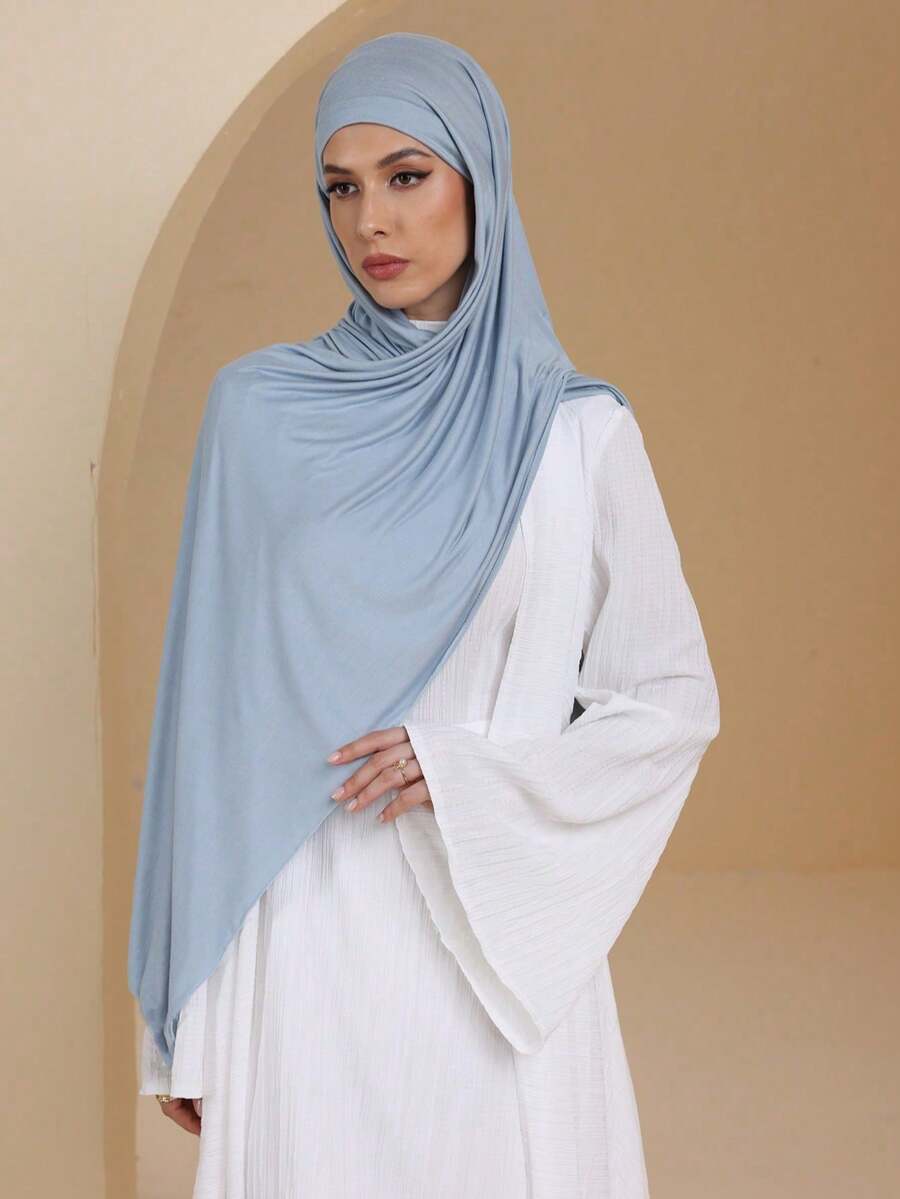 1 Piece Of Solid Color Soft Jersey Hijab, Pure Long Scarf For Women. - 芥末黃 - 查看 1