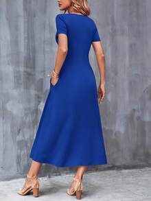 Casual V-Neck Short Sleeve Dress With Pockets. Solid Color, Machine Washable, Versatile For All Seasons. - 藍色 - 查看 11