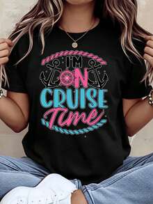 Camiseta con diseño de ancla náutica y timón de barco de la marca I M On Cruise Time, ideal para vacaciones, viajes y cruceros, ropa de verano suave. - Negro - Ver 1
